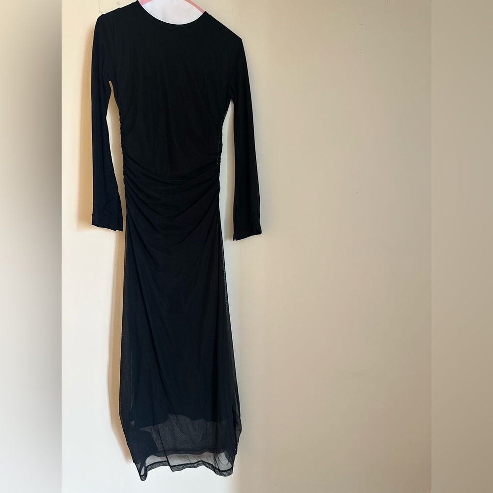 Veiled New York Black Arianna Rouched Mesh Maxi Dress XS 54”